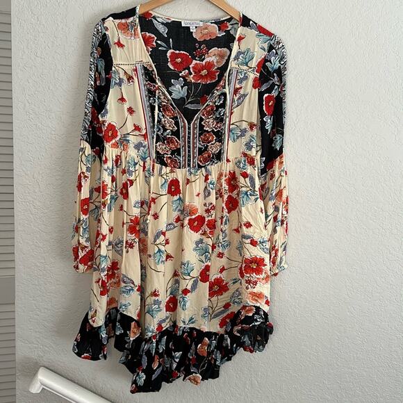 Patrons of Peace Red Blue Cream Floral Mini Dress Ruffle Festival Boho Hippie - Picture 1 of 8